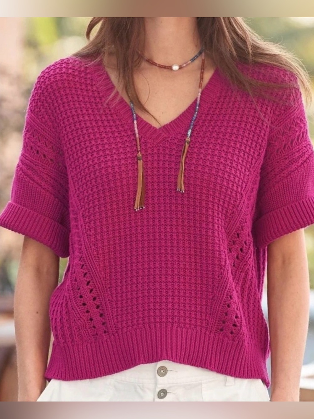 Sundance My Everyday Sweater Sangria Pink Cotton Knit Short Sleeve Large NWT - Picture 2 of 11